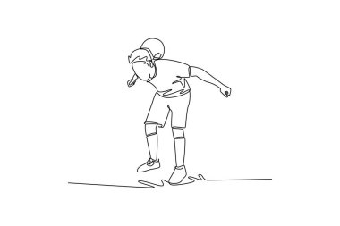 Tek sıra halinde, genç futbolcu serbest stil sporcusunu ensesinde ustalıkla dengede tutarken hafifçe zıplıyor. Saf kontrol. Bir çizgi çizimi grafik tasarım vektör çizimi