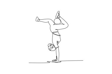 Tek sıra halinde, genç bayan futbolcu serbest stil sporcu bacaklarını kontrollü bir şekilde ayırarak ters amuda kalkıyor. Dinamik akrobatik. Bir çizgi çizimi grafik tasarım vektör çizimi
