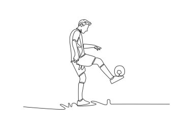 Genç futbolcu serbest stil sporcusunu çizen tek çizgi, akışkan beceri ve dinamik kontrolün göstergesi olarak topa ustaca hokkabazlık yapıyor. Aralıksız çizgi çizimi tasarım grafik vektör çizimi