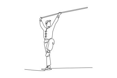 Tek çizgi çizen Wushu sporcusu tek ayak üzerinde dengede duruyor, personeli yukarıda tutuyor. Dövüş sanatlarının hassasiyeti, kontrolü ve zarafeti. Aralıksız çizgi çizimi tasarım grafik vektör çizimi