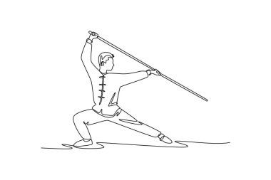 Aralıksız tek sıra çizen Wushu sporcusu pruva pozisyonunda, savunma ve hücum muhafızı kadrosunda. Güç, odaklanma, disiplin. Tek çizgi çizimi tasarım vektörü grafik çizimi