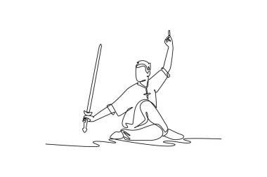 Sürekli bir çizgi halinde, Wushu sporcusu bacak bacak bacak üstüne atmış, elinde kılıçla yerde oturuyor. Kesinlik, denge, disiplin formu. Tek çizgi çizimi tasarım vektörü grafik çizimi
