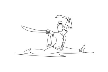 Çift kılıçlı tek sıra halinde Wushu 'lu kadın sporcu tam bir bölünme sergiliyor. Karmaşık esneklik, denge ve disiplin formu. Bir çizgi çizimi grafik tasarım vektör çizimi