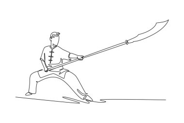 Tek sıra halinde uzun guandao 'yu güçlü bir şekilde ileri doğru iterek derin at duruşunda duran Wushu atleti çiziyor. Disiplin ve güç. Bir çizgi çizimi grafik tasarım vektör çizimi