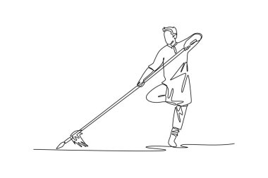 Tek sıra halinde, Wushu atleti tek ayak üzerinde dengede duruyor, mızrağı güçlü dikey duruşunda tutuyor. Kontrol ve zarafet dövüş sanatları formu. Bir çizgi çizimi grafik tasarım vektör çizimi