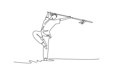 Tek sıra halinde, Wushu atleti tek bacağı üzerinde dengede duruyor, mızrağı omuzlarında tutuyor. Kesinlik, kontrol, zarafet dövüş sanatları formu. Bir çizgi çizimi grafik tasarım vektör çizimi