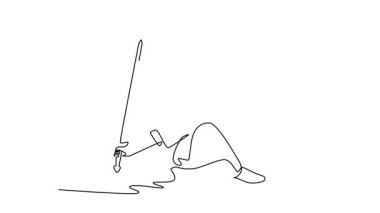 Animasyonlu kendini çizen Wushu sporcusu bacak bacak bacak üstüne atmış, elinde kılıçla yerde oturuyor. Kesinlik, denge ve disiplin formu. Tam uzunluktaki bir çizgi canlandırması