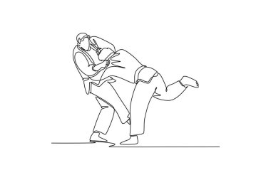 Tek sıra halinde iki adam çekiliyor, biri kalça ve bacak fırlatma düzeneği ile yakın mesafeden yakalanıyorlar. Judo tekniği ve gücü. Tek çizgi çizimi tasarım vektörü grafik çizimi