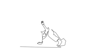 Animated self drawing of continuous line draw two active men are performing dynamic throw with one executing a hip-and-shoulder technique. Power, balance, fluid motion. Full length one line animation