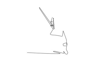 Animasyonlu kendini çizen sürekli çizgi, geniş savaş duruşu içinde hazırda bekleyen katana kılıcını, dinamik savaşı ve odaklanmış hareketi kullanan maskeli genç ninjaları kendine çekiyor. Tam uzunluktaki bir çizgi canlandırması