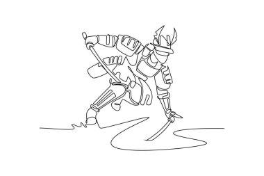 Tek sıra halinde, güçlü samuray savaşçılarını zırhları ve kasklarıyla çekerek, kılıçlarını çekerek savaşa hazır olduklarını gösteriyorlar. Aralıksız çizgi çizimi tasarım grafik vektör çizimi