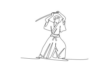 Tek sıra halinde güçlü samuray savaşçıları kafasının üstünde keskin katana ile saldırmaya hazır bekliyor. Japon dövüş sanatları ruhu. Aralıksız çizgi çizimi tasarım grafik vektör çizimi