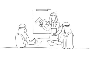 Aralıksız bir çizgi, üç Arap 'ı kurumsal ortamda bir dalgalanan ok grafiğiyle çekiyor. Piyasa zorlukları stratejik. Tek çizgi çizimi tasarım vektörü grafik çizimi