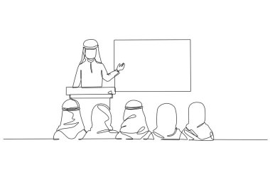 Geleneksel giysiler içinde, seyircilere hitap eden Arap erkek konuşmacı çizmeye devam ediyor. İş konferansı ya da semineri sembolize ediyor. Tek çizgi çizimi tasarım vektörü grafik çizimi