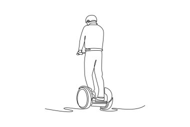 Tek sıra halinde miğfer takan, arkadan bakan, Segway tarzı kişisel taşıyıcıya binen adam. Etkili ve benzersiz bir hareket. Bir çizgi çizimi grafik tasarım vektör çizimi