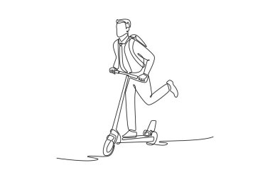 Sırt çantası taşıyan, elektrikli scooter kullanan, iş kıyafetli, tek sıra çizen bir adam, şehirde işe gitmek için acele ettiğini gösteriyor. Aralıksız çizgi çizimi tasarım grafik vektör çizimi