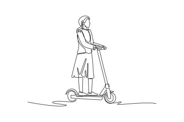 Tek sıra halinde, iş kıyafetleri içinde, elektrikli scooter kullanan bir kadını kişisel nakliye için çiziyor. Sürdürülebilir kentsel taşınabilirlik. Aralıksız çizgi çizimi tasarım grafik vektör çizimi