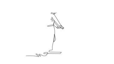 Miğfer ve ceket giyen, elektrikli scooter kullanan, ileriye bakan tek çizgili bir adam çizimi. Güvenli, kişisel kentsel dönüşümü vurguluyor. Devamlı bir çizgi. Tam uzunluk canlandırması