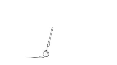 Sürekli kendini çizen animasyon genç adamı kaskı takarken güvenli bir şekilde elektrikli scooter 'a bindiriyor. Modern, çevre dostu şehir ulaşımı, kişisel hareketlilik. Tam uzunluktaki tek çizgi canlandırması