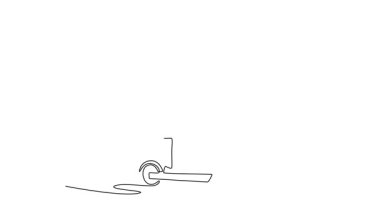 Sürekli kendini çizen çizgiler, iş kıyafetleri içinde bir kadını kişisel taşımacılık için elektrikli scooter 'a bindirirdi. Sürdürülebilir kentsel taşınabilirlik. Tam uzunluktaki tek çizgi canlandırması