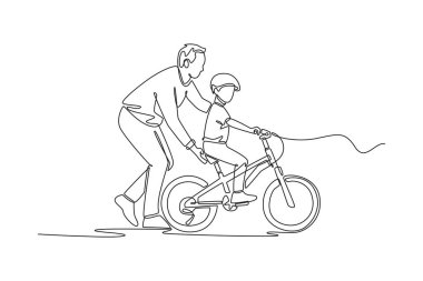 Tek sıra halinde tek sıra halinde, mutlu bir baba bisikletli kask takan bir çocuğa yardım ediyor. Ebeveynler çocuklara dengeli bisiklet sürmeyi öğretiyor. Aralıksız çizgi çizimi tasarım grafik vektör çizimi