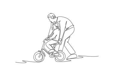 Sürekli çizen bir çizgi baba kızının bisiklete binmesine yardım ediyor. Aile parkında bisiklet sürme dersinde ebeveyn rehberi çocuk. Tek çizgi çizimi tasarım vektörü grafik çizimi