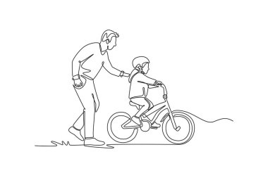 Sürekli bir çizgi halinde baba, kızına bisiklete binmesinde yardım ediyor. Sıvı etkileşimi, yaz dersi sırasında ebeveyn ve çocuk arasındaki ortak odaklanma. Tek çizgi çizimi tasarım vektörü grafik çizimi
