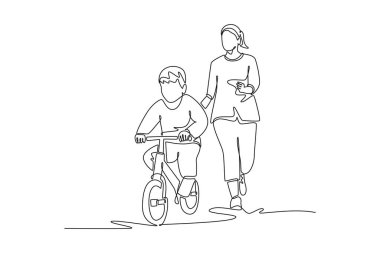 Tek sıra halinde koşan kadın anne ve bisiklete binen erkek çocuğa yardım ediyor. Çocuk bisiklete binmeyi ve bağımsızlığı öğretiyor. Dinamik bir çizgi çizer grafik tasarım vektörü çizer