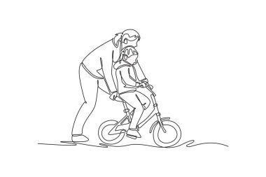 Şefkatli annenin bisikletle kızına dengede durmasında yardım ettiği tek sıra. Bir çocuğa motor beceriler öğretmenin dikkatli rehberliği ve sabırlı doğası. Bir çizgi çizimi grafik tasarım vektör çizimi
