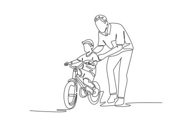 Tek sıra halinde tek sıra halinde, pedal çevirirken pedal çeviren babası bisiklet koltuğunu tutuyor. Dengenin ilk aşamaları, ebeveyn yardımı. Aralıksız çizgi çizimi tasarım grafik vektör çizimi
