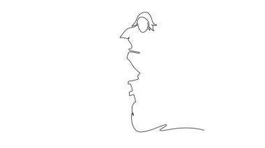 Tek çizgili kendi kendine çizim yapan kadın anne, bisikletli kız çocuğu için tezahürat yapıyor. Başarılı bisiklet sürme seansında ebeveyn çocuğu cesaretlendiriyor. Devamlı bir çizgi. Tam uzunluk canlandırması