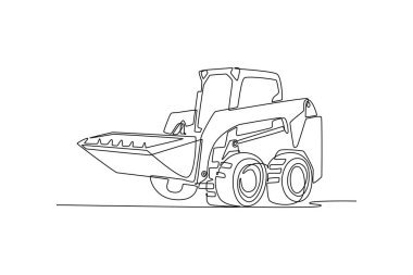 Aralıksız bir çizgi çizerek küçük dümen dümeni yükleyici, mekanik yapı, minimalist tarzda ön kova endüstriyel tasarım projesi için mükemmel. Tek çizgi çizimi tasarım vektörü grafik çizimi