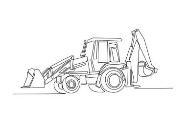 Endüstriyel kepçe doldurucu, kazma kolunun mekanik gücü, gelişmiş profesyonel endüstriyel tarzda ön kova. Tek çizgi çizimi tasarım vektörü grafik çizimi