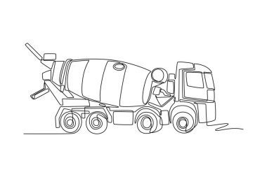 Tek sıra halinde ağır beton mikser kamyonu hareket halinde, dönen davul ve hayati önem taşıyan inşaat aracının güçlü şasisi. Dinamik bir çizgi çizer grafik tasarım vektörü çizer
