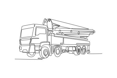 Tek bir hat eklemli beton pompa kamyonu çekiyor ve kompleks inşaat sahasına patlama, akış ve hareketli beton yerleşimi var. Bir çizgi çizimi grafik tasarım vektör çizimi