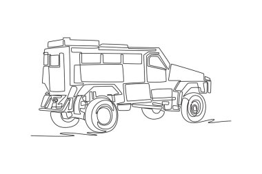 Zırhlı polis müdahale aracını tek sıra halinde çekin. Güçlendirilmiş şasi, uzun lastikler ve yüksek riskli taktik olaylar için tasarlanmış kutu çerçeve. Bir çizgi çizimi grafik tasarım vektör çizimi