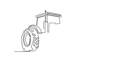 Sürekli kendini çizen animasyon, geniş dört çekişli tarımsal traktörü büyük lastikleri ve yüksek güvenlikli kabini çeker. Profesyonel makine profili. Tam uzunluktaki bir çizgi canlandırması
