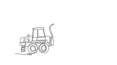 Aralıksız çizilen kendi kendine çizim, vinç kolu ile donatılmış ağır ormancılık veya kereste kamyonu çekiyor. Endüstriyel kereste taşımacılığı, geniş çaplı ormancılık operasyonları. Tam uzunluktaki tek çizgi canlandırması