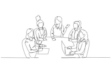 Stratejik konferansa beş kadının katıldığı bir satır devam ediyor. Meslektaşlar dizüstü bilgisayara ve notlara odaklanırken merkezi figür yönlendirme sohbeti. Tek çizgi çizimi tasarım vektörü grafik çizimi