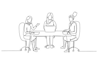Üç profesyonel kadının dizüstü bilgisayarla iş birliği yaptığı bir satır devam ediyor. Bayan meslektaşlar odaklanmış bir iş görüşmesine giriştiler. Tek çizgi çizimi tasarım vektörü grafik çizimi