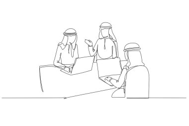 Bir satırda devamlı olarak üç Arap işadamının birlikte çalışmasını sağlıyor. Profesyoneller dizüstü bilgisayarlarına ve teknolojik gelişimlerine odaklandılar. Tek çizgi çizimi tasarım vektörü grafik çizimi