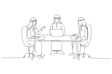 Bir satırda devamlı olarak üç Suudi işadamını dizüstü bilgisayarları ve evraklarıyla bir ofiste iş görüşmeleri sırasında oturtuyorlar. Tek çizgi çizimi tasarım vektörü grafik çizimi