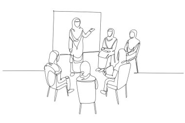 Bir grup katılımcı için bir atölye çalışması düzenleyen tesettürlü Arap kadın sunucuyu çeken tek sıra. Özel iletişim ve beyin fırtınası. Bir çizgi çizimi grafik tasarım vektör çizimi