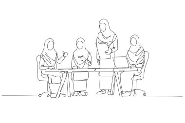 Takım toplantısında tesettürlü dört profesyonel Arap kadını tek sıra halinde çekmek. Özel kurumsal işbirliği ve kadın liderlik. Bir çizgi çizimi grafik tasarım vektör çizimi