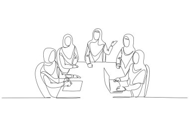 Tek sıra halinde profesyonel Arap kadınları bir iş toplantısına katıyor ve çeşitli kadın iş arkadaşlarının masada iş birliği yaptığını gösteriyor. Bir çizgi çizimi grafik tasarım vektör çizimi