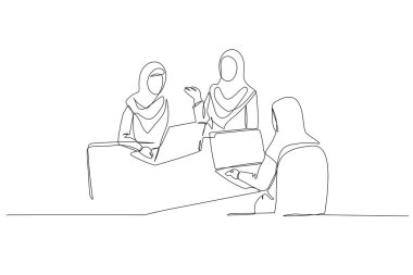Tek sıra halinde, toplantı masasında işbirliği yapan üç Arap kadını çekiyorlar. Profesyonel tartışma ve çeşitli kadın takım çalışması. Dinamik bir çizgi çizer grafik tasarım vektörü çizer