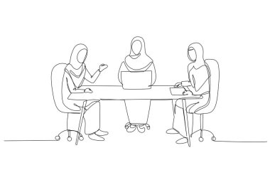 Tek sıra halinde dizüstü bilgisayarla işbirliği yapan üç Arap kadının tesettüre girmesi. Özel takım çalışması, profesyonel kadın yetkilendirmesi. Bir çizgi çizimi grafik tasarım vektör çizimi