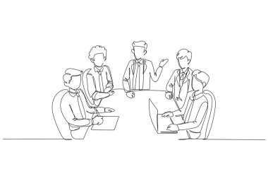 İş toplantısında dört erkek ve kadın iş arkadaşını proje stratejisini tartışırken gösteren farklı kurumsal grupları tek satır halinde bir araya getirmek. Aralıksız çizgi çizimi tasarım grafik vektör çizimi