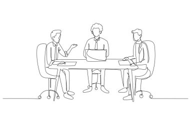Bir satırda üç resmi adamın iş toplantısına katılması, erkek meslektaşlarının konferans masasında şirket stratejisini tartışmalarını gösteriyor. Aralıksız çizgi çizimi tasarım grafik vektör çizimi