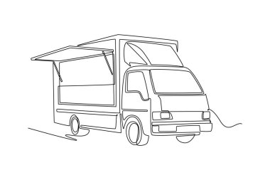 Sürekli açık servis penceresi olan seyyar yemek kamyonu çiziyor. Sokak yemekleri kültürü, perakende sektörü ve ticari catering lojistiği. Tek çizgi çizimi tasarım vektörü grafik çizimi